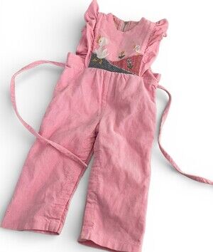 VTG 80s Popsicle Pink Corduroy Ruffle Overalls Mom & Baby Duck Applique 18 Month